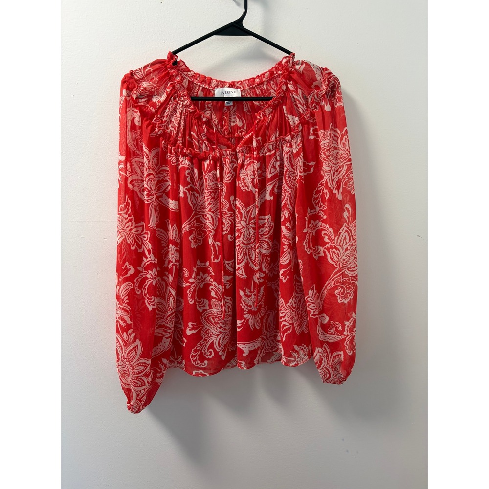 Evereve Blouse Womens Medium Red Boho Floral Paisley Smocked Ruffle Chiffon Top
